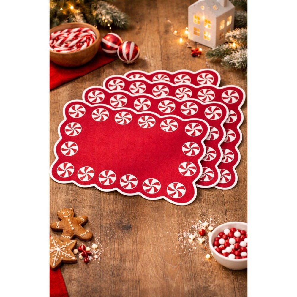 New Set Of 4 Red / White Christmas Peppermint Candy Swirl Table Placemats 13X19